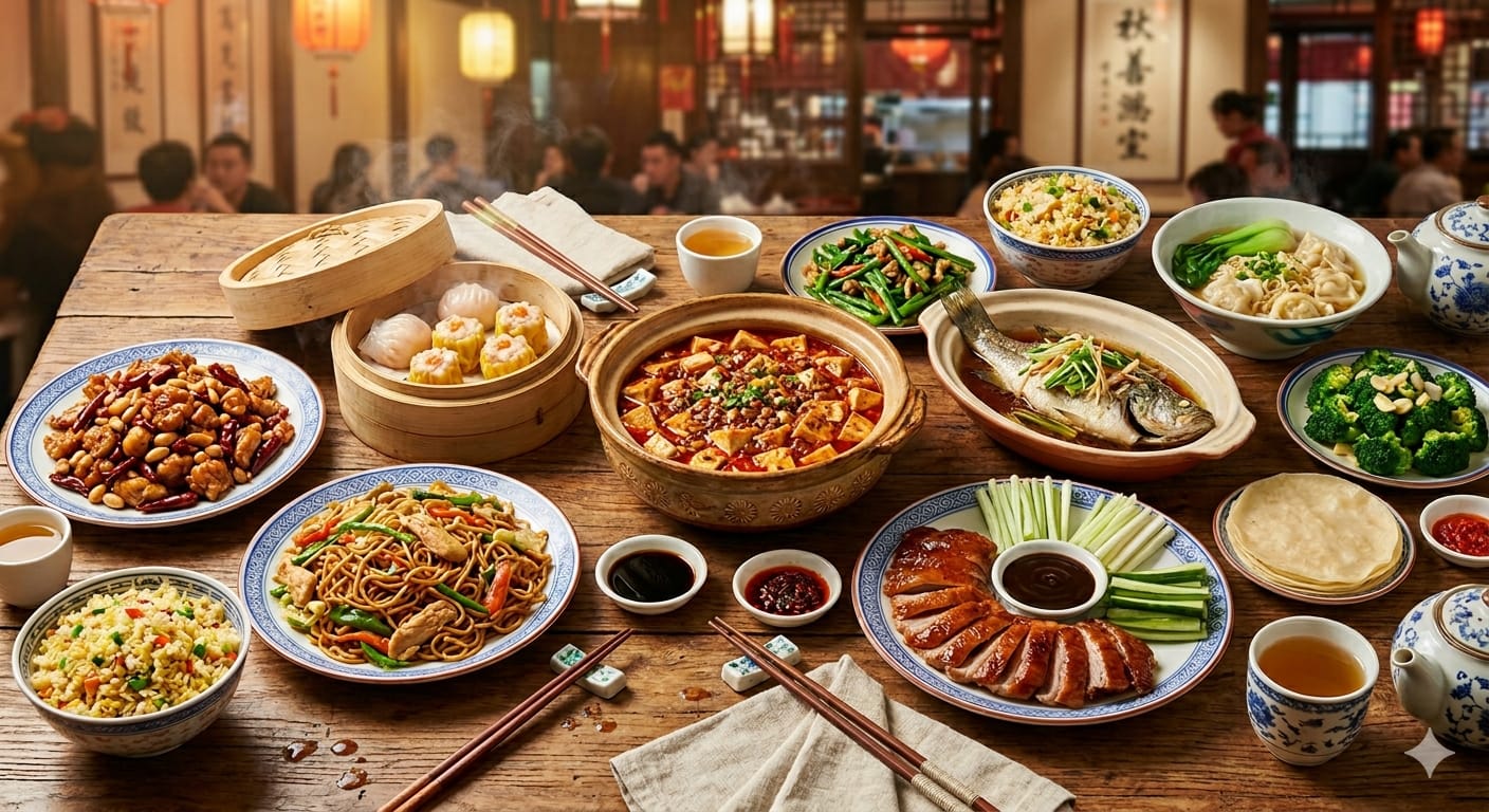 A spread of regional Chinese dishes representing the diversity of Chinese cuisine