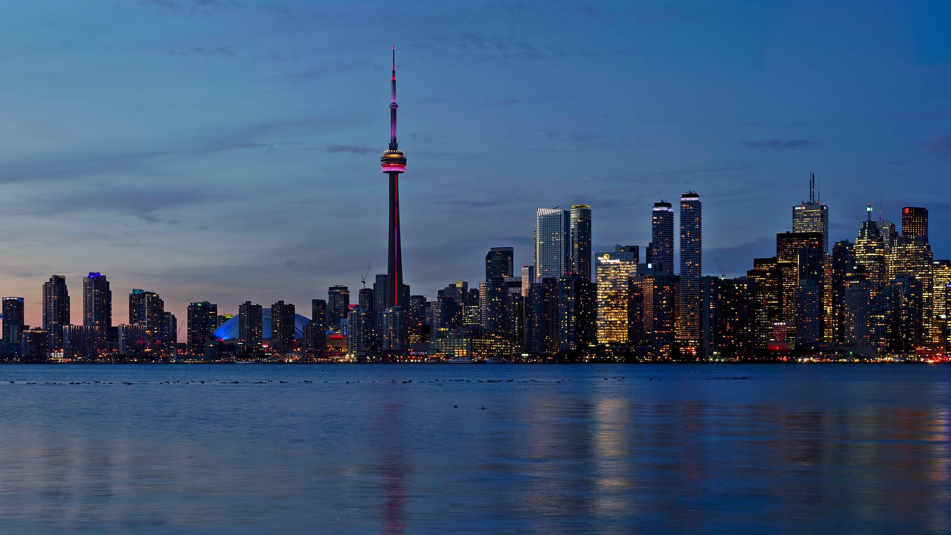 CN Tower and Toronto skyline at dusk over Lake Ontario — learn Mandarin online from Toronto with WillyChina