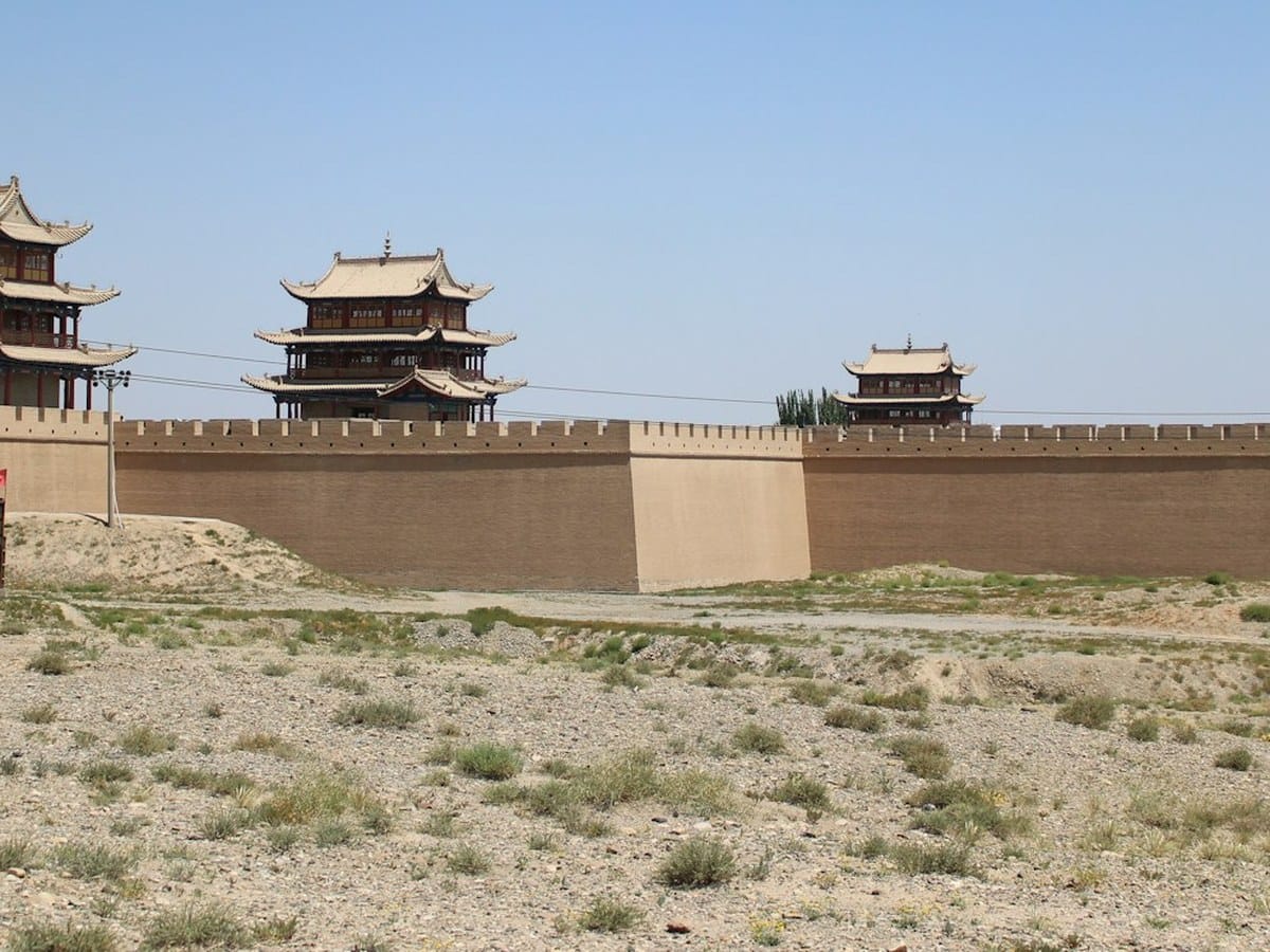 Jiayuguan Fortress ramparts and three pagoda watchtowers, the western terminus of the Ming Great Wall, Gansu