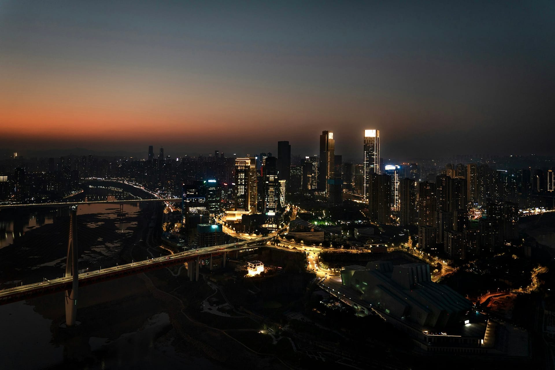 Chongqing’s dense, mountainous skyline glowing at night