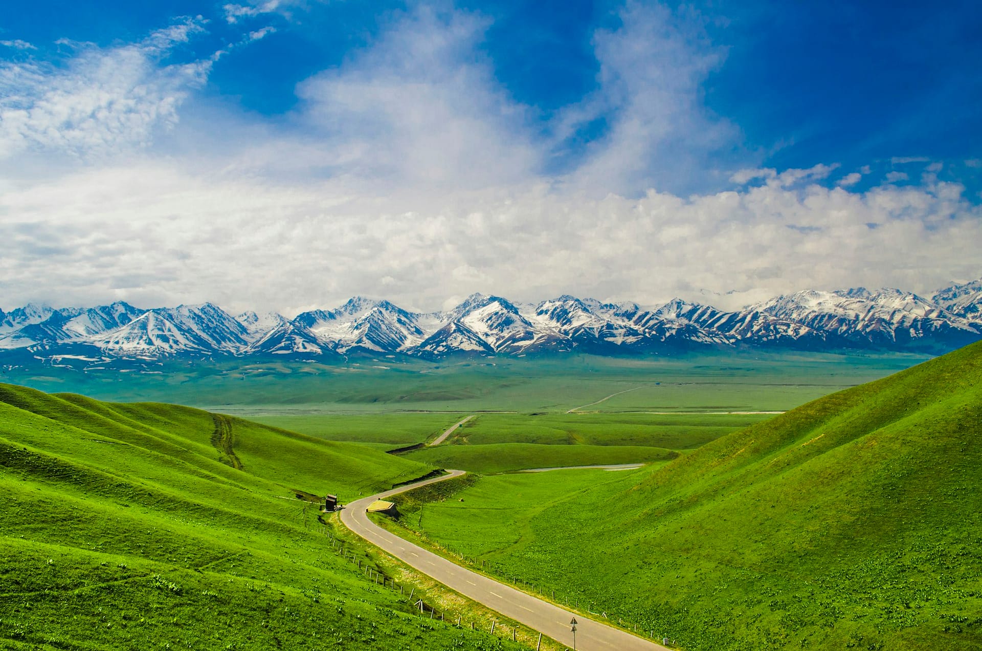 The snow-capped Tianshan mountains above Heavenly Lake, Xinjiang, China